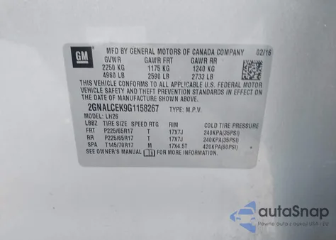 2016 Chevrolet Equinox Lt z USA, uszkodzony, nr VIN 2GNALCEK9G1158267